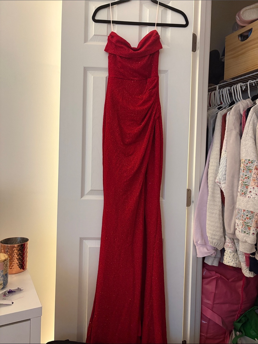 Windsor Strapless Sparkly Red Prom Dress with Slit